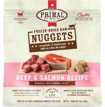 Primal Freeze Dried Raw Cat Food Nuggets Beef & Salmon, Complete & Balanced Meal or Topper