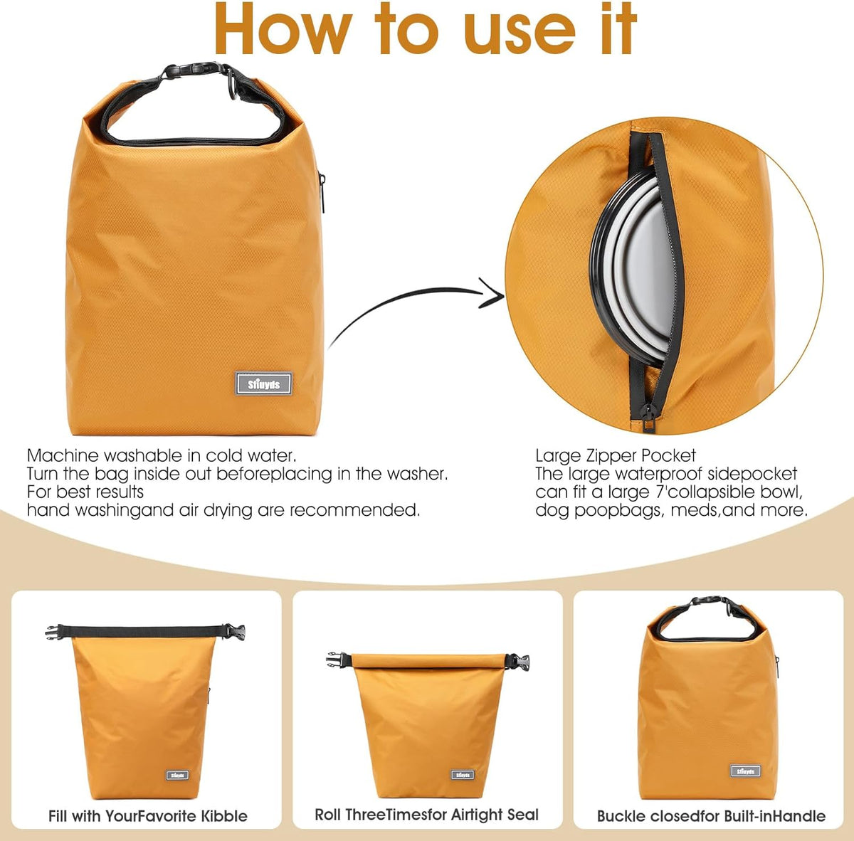 Dog Food Travel Bag w/2PCS Collapsible Dog Travel Bowls,dog food storage container 20 lb(Yellow