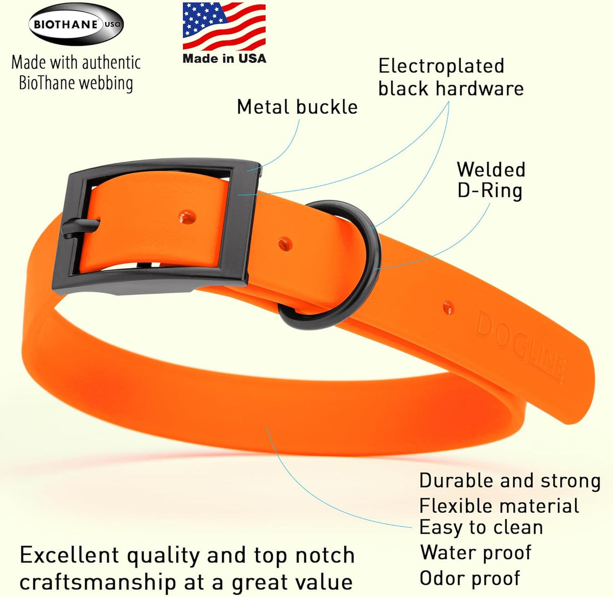 Dogline Biothane Waterproof Dog Collar Strong Coated Nylon Webbing with Black Hardware Odor- Proof