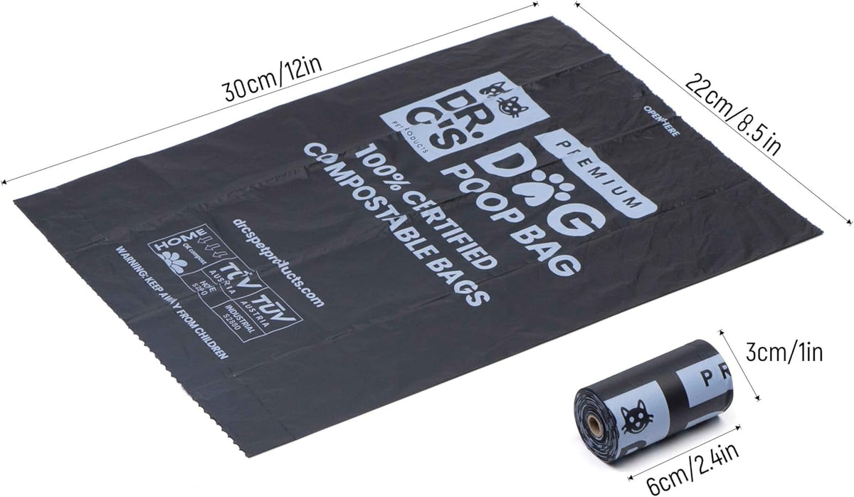 100% Certified Compostable Dog Poop Bags - Dr. C's Premium Dog Poop Bags - 270 Bags / 18 Rolls
