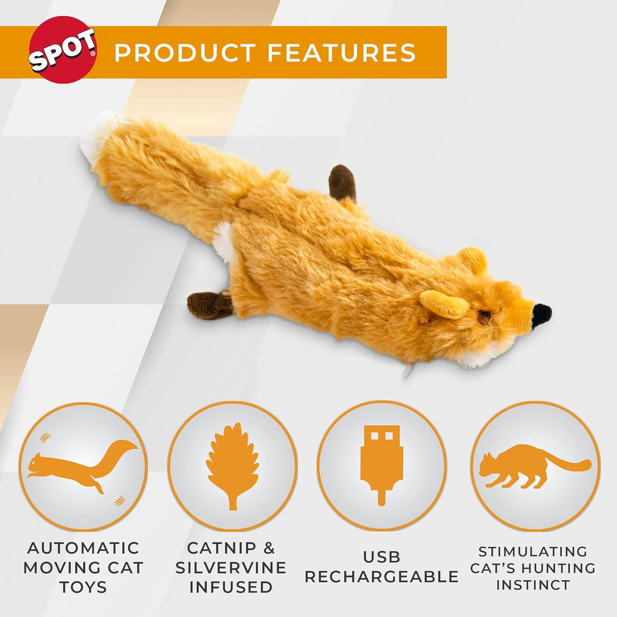 SPOT Flippin’ Skinneeez Fox - Interactive Cat Toy with Catnip - Touch Activated Flopping, Wiggling
