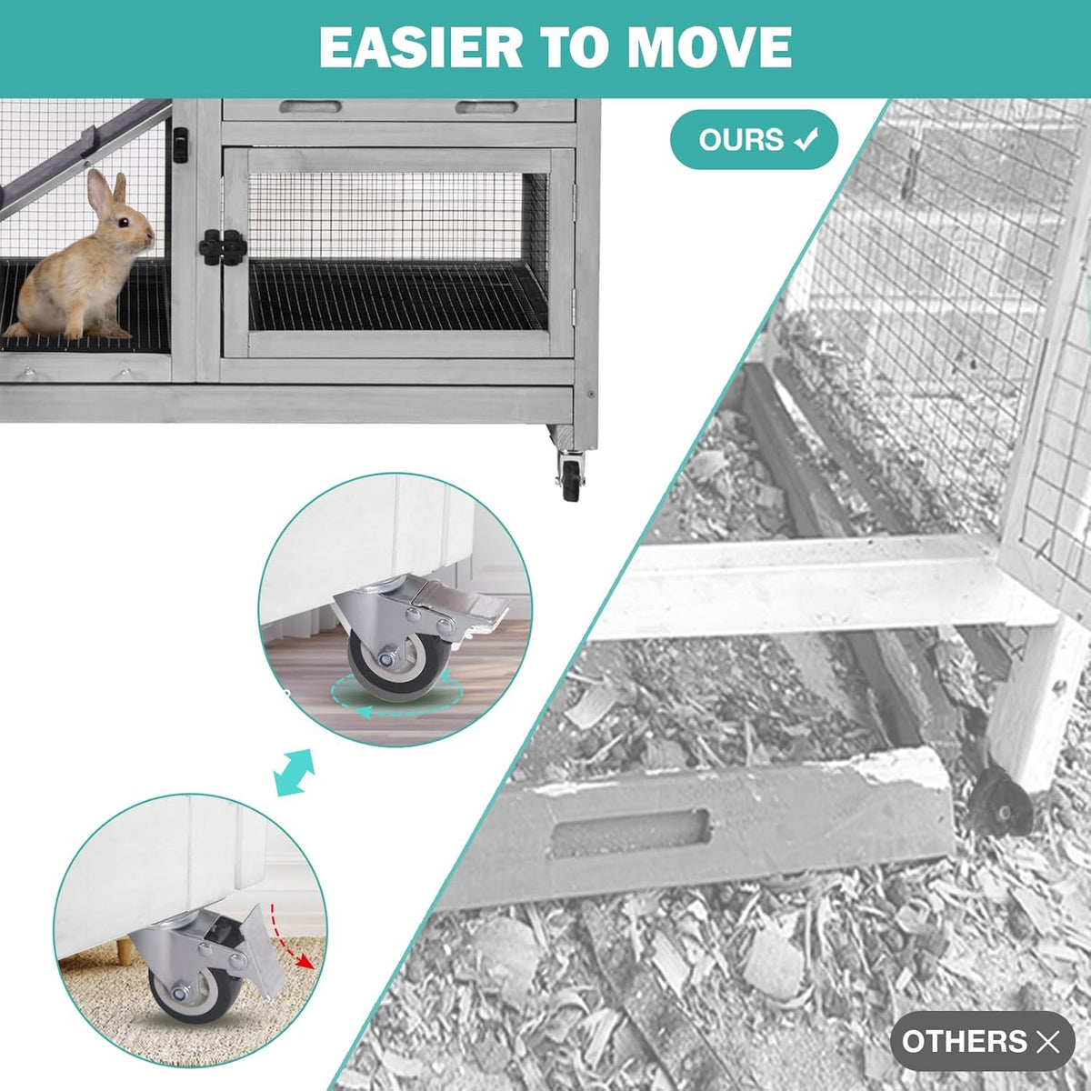 Rabbit Hutch Indoor for 2-4 Rabbits & Guinea Pigs，Bunny Cage with Slide-Out Plastic Trays，Wooden