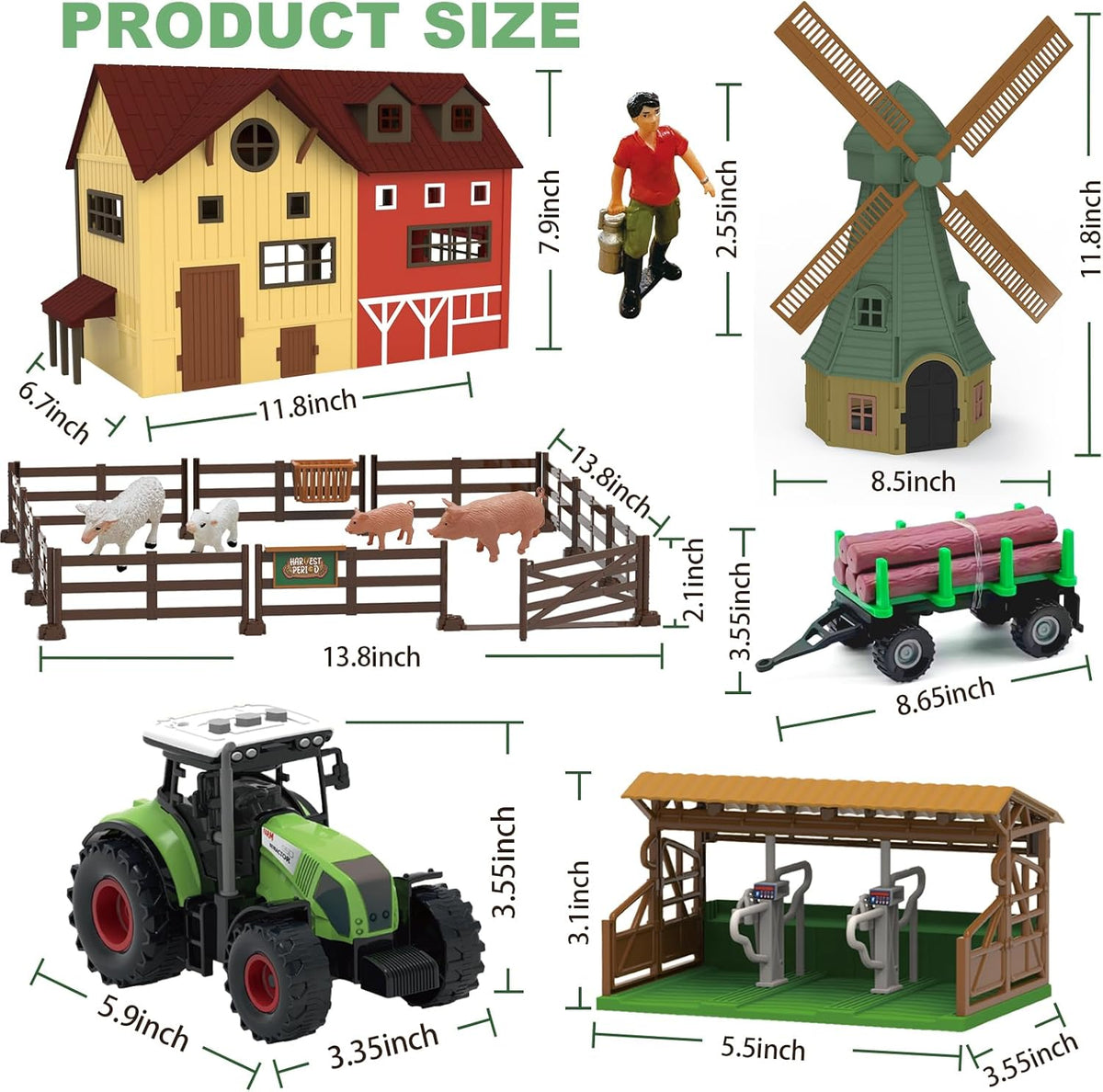 136PCS Farm Animals Toys Set Comes with Barn, Tractor Trailer, Milking shed, Windmill, Farmer
