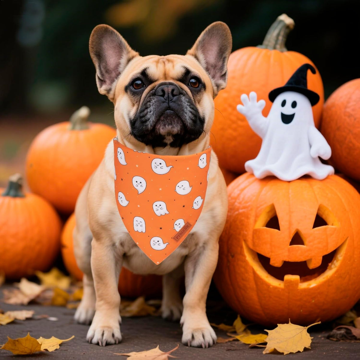PTDECOR Halloween Dog Bandana, Cute Ghost Pumpkin Design Reversible Holiday Pet Scarf, Adjustable