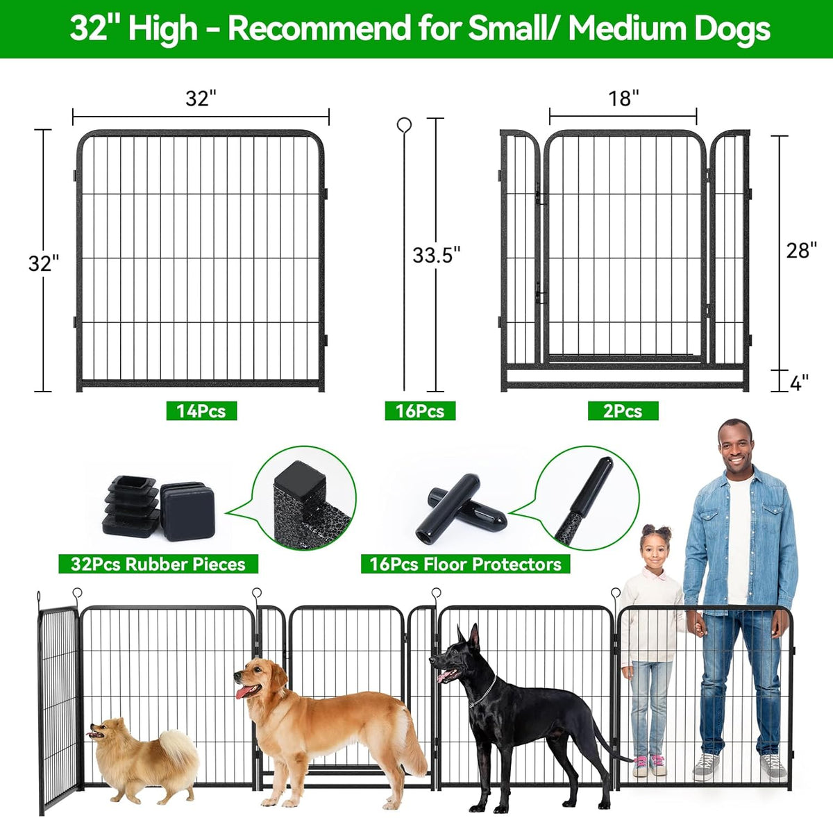 Dog Playpen Outdoor Extra Wide 16 Panels Heavy Duty Dog Fence 32" Height Anti-Rust with Doors