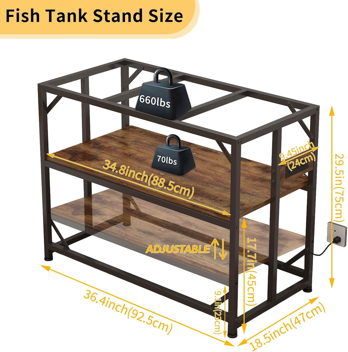 Sturdy Metal Aquarium Stand with Power Outlets, Adjustable Storage Cabinet - 660LBS Capacity