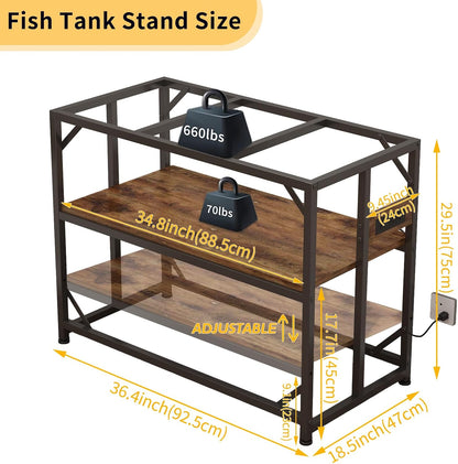 Sturdy Metal Aquarium Stand with Power Outlets, Adjustable Storage Cabinet - 660LBS Capacity