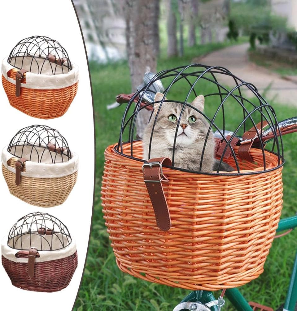 Bike Pet Basket, Wicker Bike Basket for Small Dogs Cats Pet Carrier Front Basket with Wire Mesh