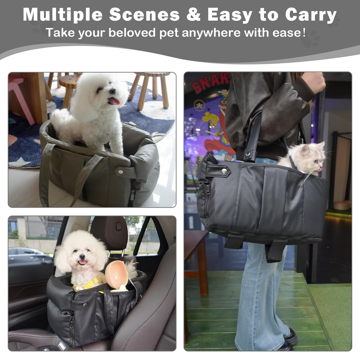 2 and 1 Center Console Dog Car Seat & Carrier for Small Dogs, Large Leather Dog Car Bed with