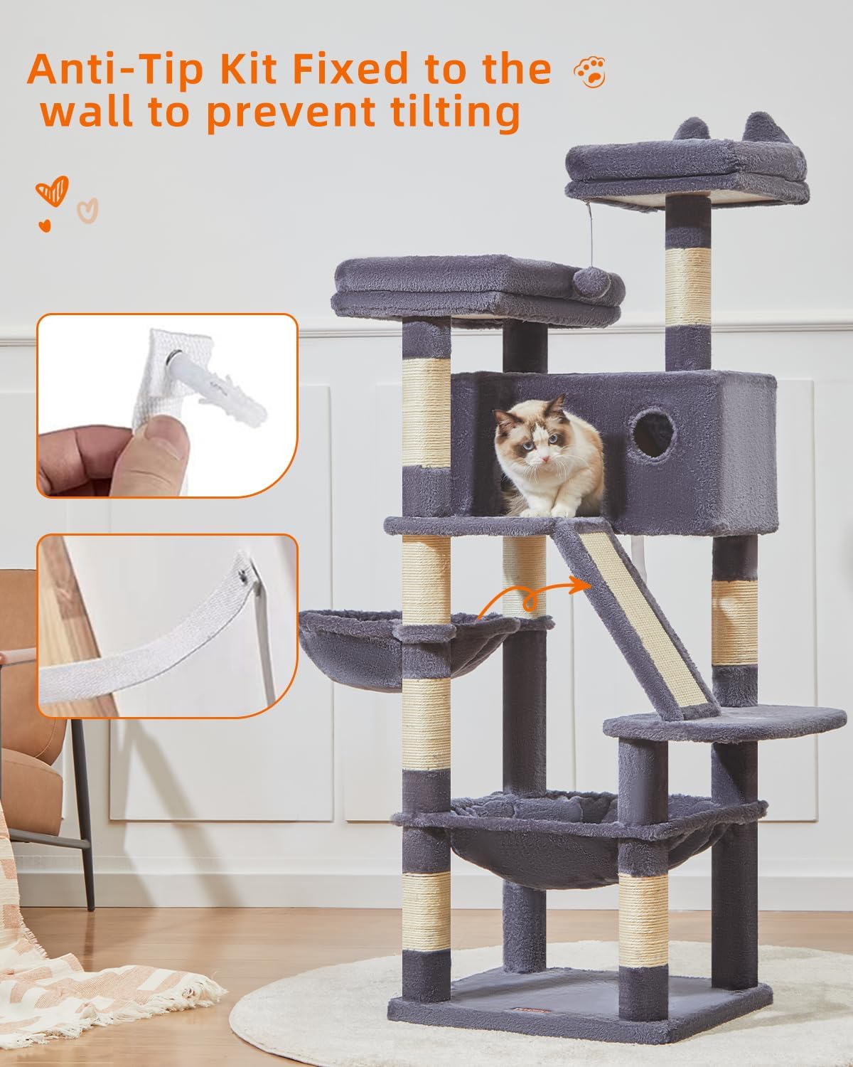 Taoqimiao Cat Tree 57.5-Inch, Cat Tower for Indoor Cats Large Adult, Extra Large Cat Condo, 8 Sisal