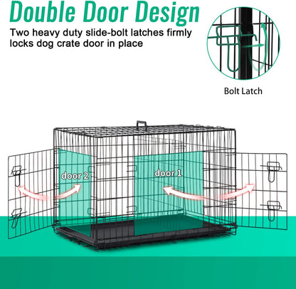 FDW Dog Crate for Large Dogs 42 Inch Folding Metal WirePet Cage Double Door W/Divider Panel Indoor