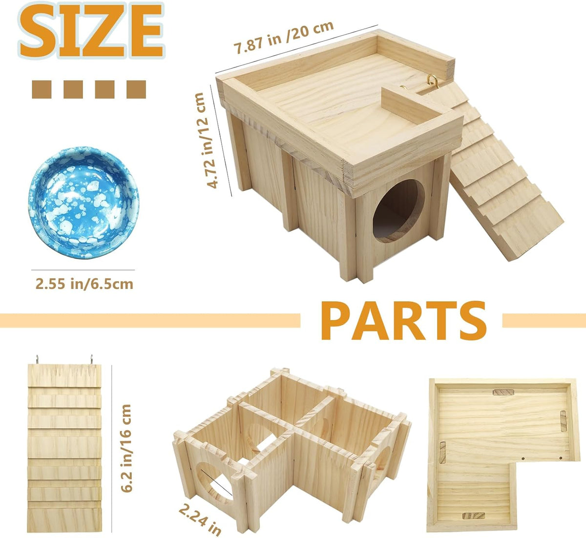 Wooden Hamster Hideout Hamster Wood House with Ladder Hides Platform Decor Detachable Small Animals