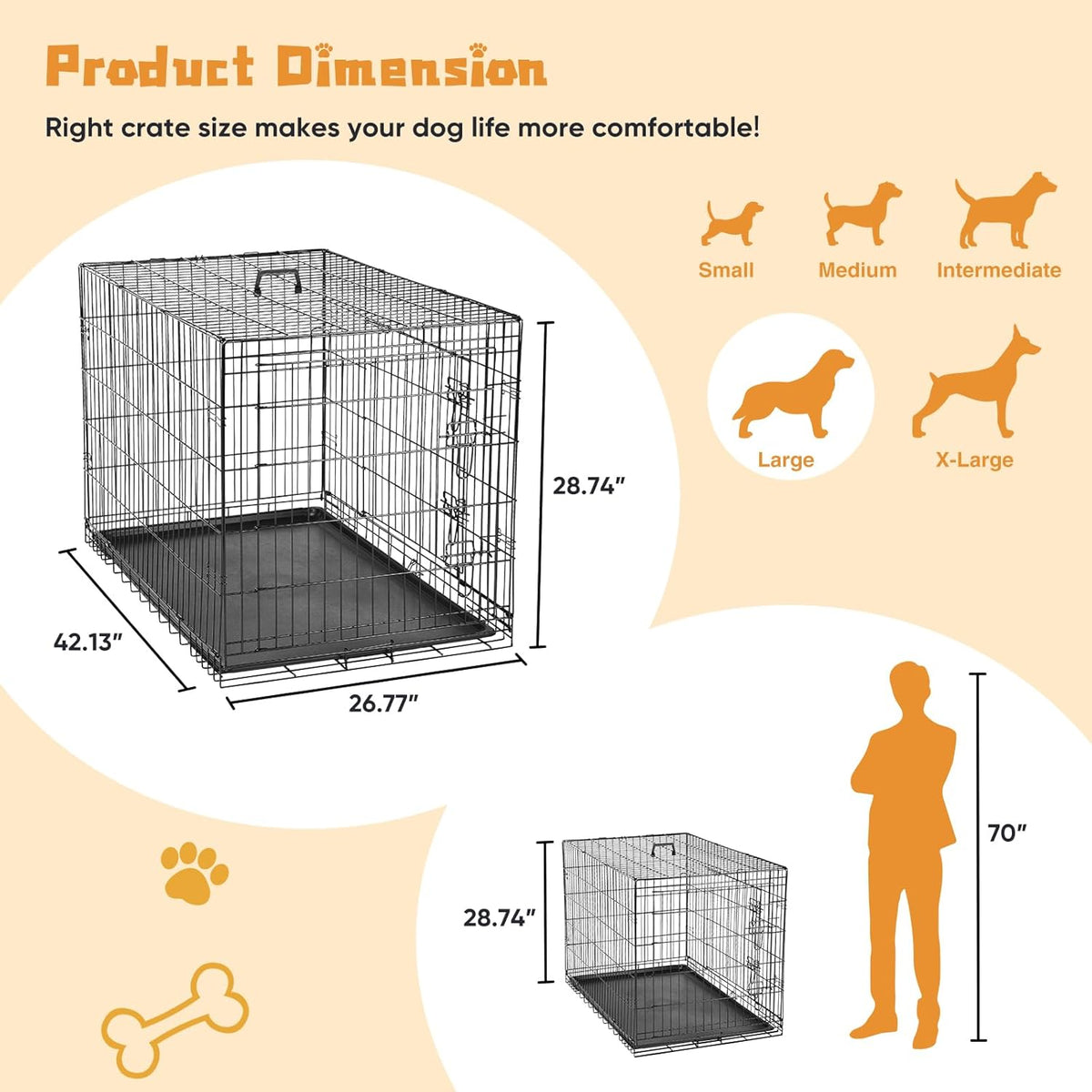 DUMOS Dog Crate, 42 Inch Large Double Door Dog Cage with Divider Panel and Plastic Leak-Proof Pan