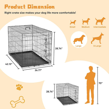 DUMOS Dog Crate, 42 Inch Large Double Door Dog Cage with Divider Panel and Plastic Leak-Proof Pan