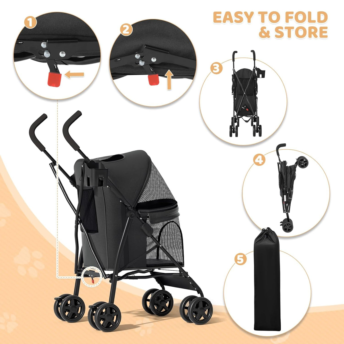 Magshion Compact Pet Stroller for Small-Medium Dogs/Cats up to 22lbs, 4-Wheel Lightweight Umbrella