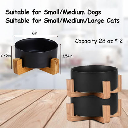 Petygooing Ceramic Black Cat Dog Bowl Set with Stand,Pet Food and Water Dish,Medium Pet Bowls