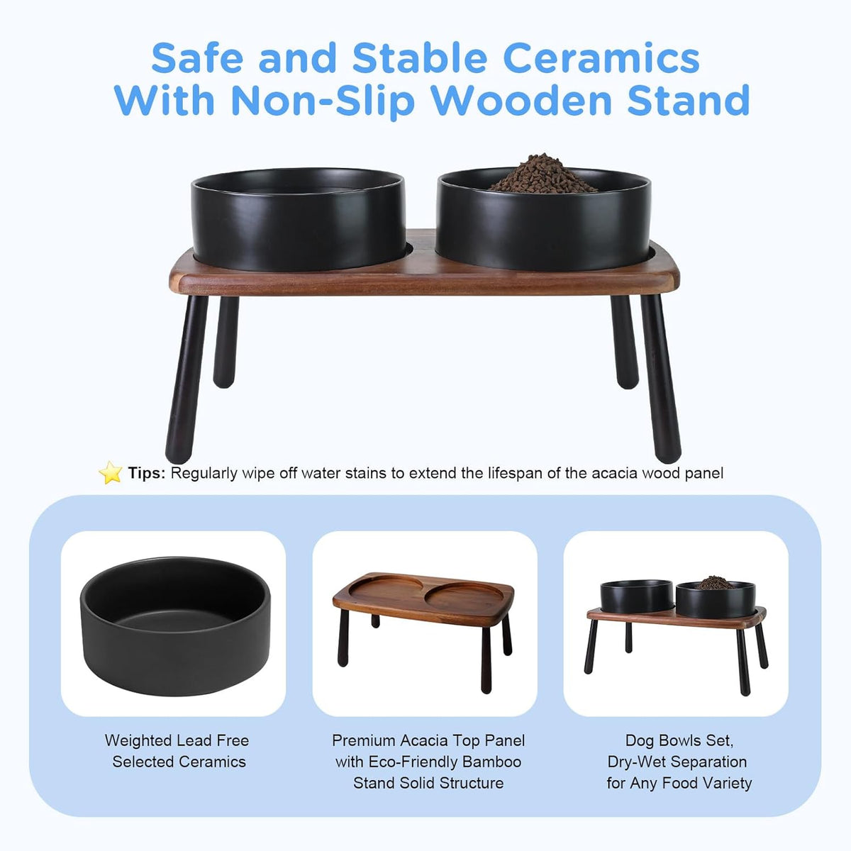 SPUNKYJUNKY Ceramic Elevated Dog Bowls Raised with Acacia Bamboo Wooden Stand, 8.3'' Dog Food Water