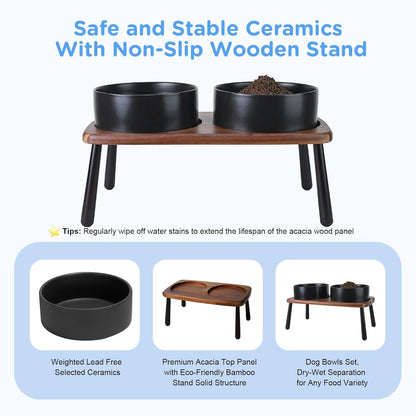 SPUNKYJUNKY Ceramic Elevated Dog Bowls Raised with Acacia Bamboo Wooden Stand, 8.3'' Dog Food Water
