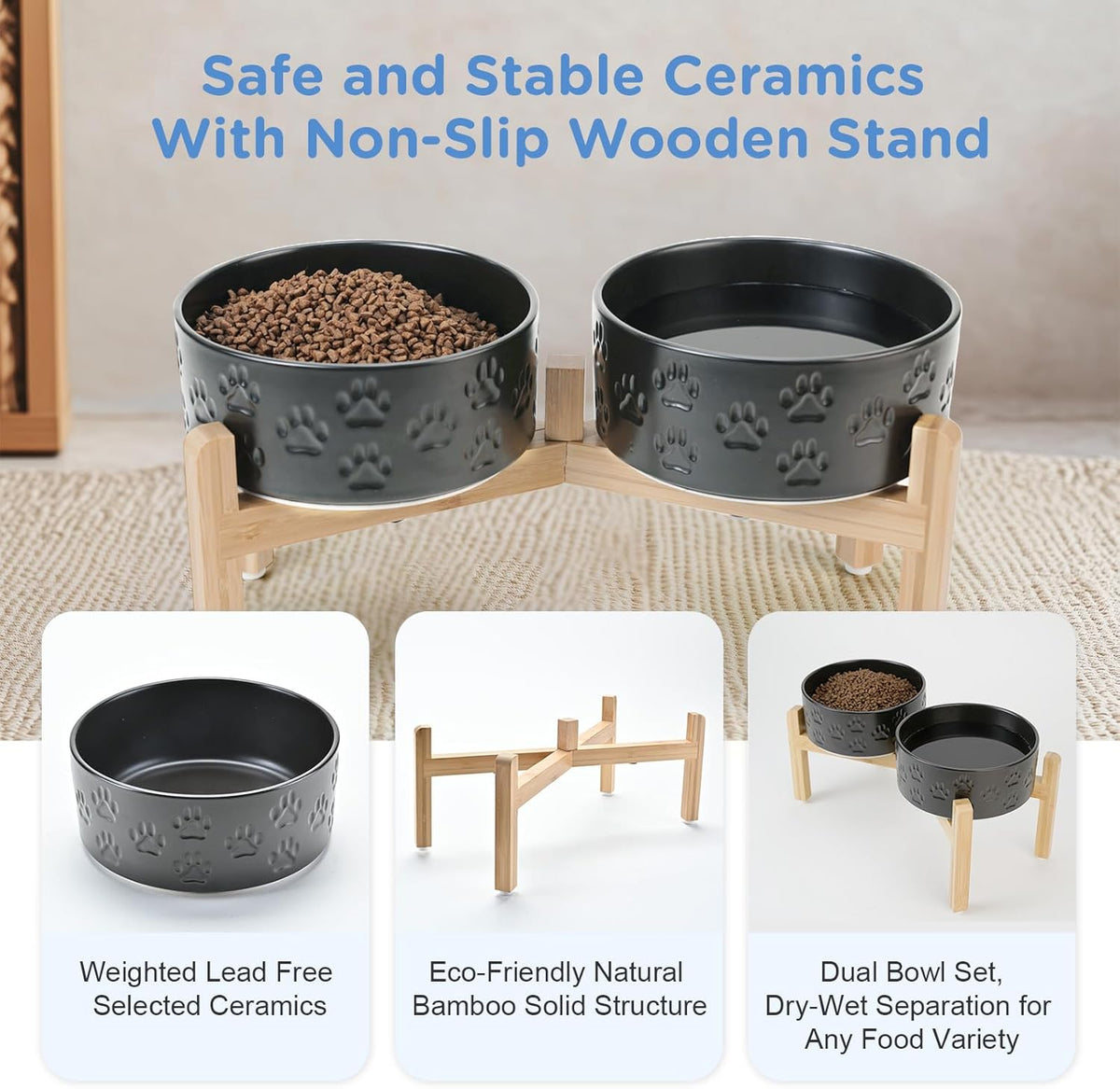 SPUNKYJUNKY Elevated Dog Bowls Ceramic, 7.3'' Dogs Food Water Bowls Raised with Non-Slip Bamboo