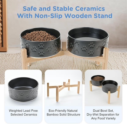 SPUNKYJUNKY Elevated Dog Bowls Ceramic, 7.3'' Dogs Food Water Bowls Raised with Non-Slip Bamboo