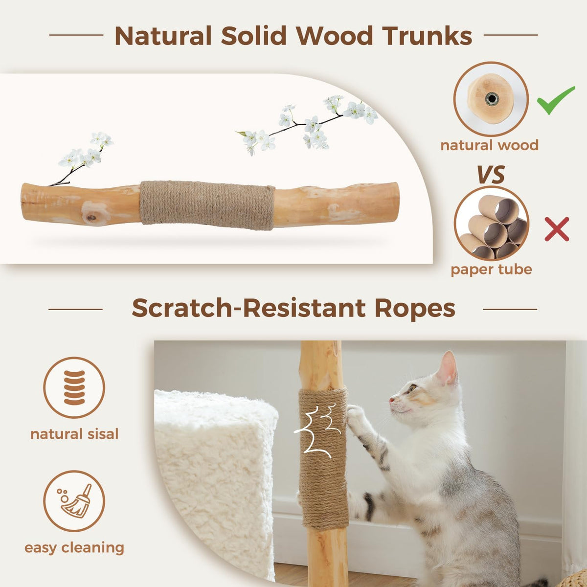 PAWZ Road Modern Cat Tree with Natural Solid Wood Scratching Post, 40 Inches Cat Tower with
