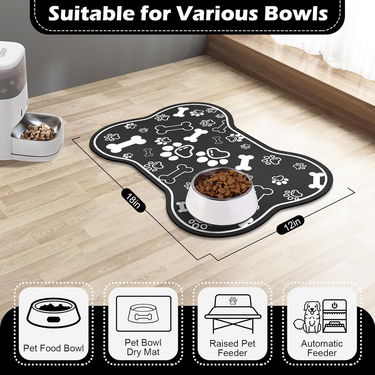 Dog Cat Food Mat,Rapid AbsorbentPet Feeding Mat, Bone Shaped Dog Placemat Water Bowl Mat with