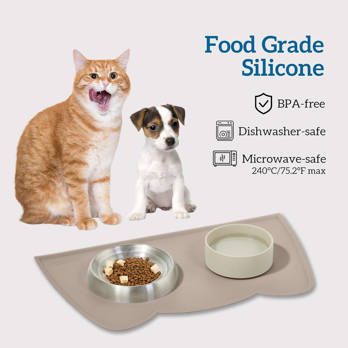 OHMO - Cat Food Mat, Silicone Pet Feeding Mat for Floor Non-Skid Waterproof Dog Water Bowl Tray