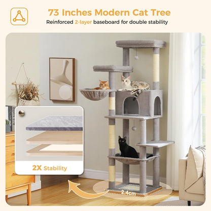 PAWZ Road Tall Cat Tree, 73 Inches Large Cat Tower with Large Padded Perch,2 Spacious Hammocks,8
