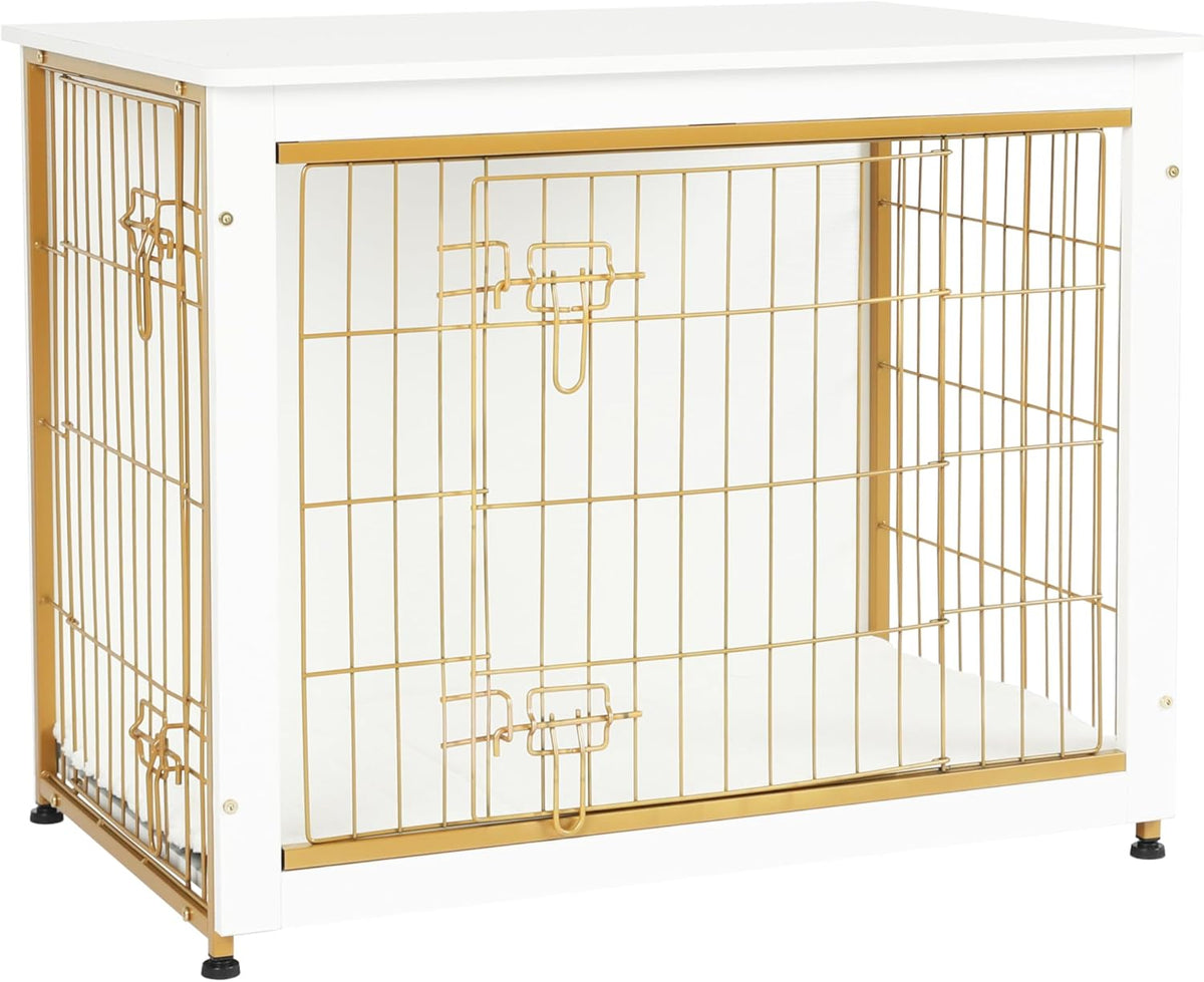 DWANTON Dog Crate Furniture with Cushion, Wooden Kennel Table with Double Doors, Indoor Dog House