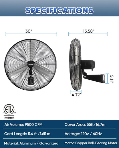 KEN BROWN 30 Inch Industrial Oscillating Wall Mount Fan - 7497 CFM High Velocity, Heavy Duty Metal