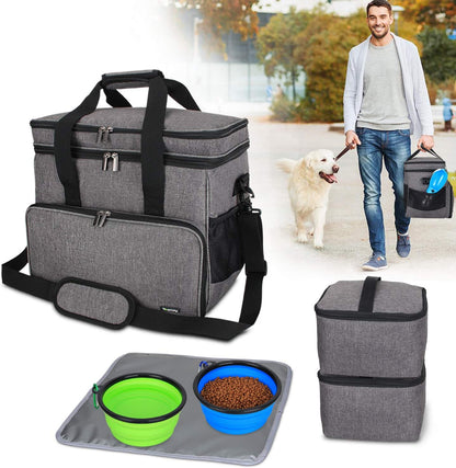 Teamoy Double Layer Dog Travel Bag, Dog Bag for Supplies with 2 Silicone Collapsible Bowls, 2 Food
