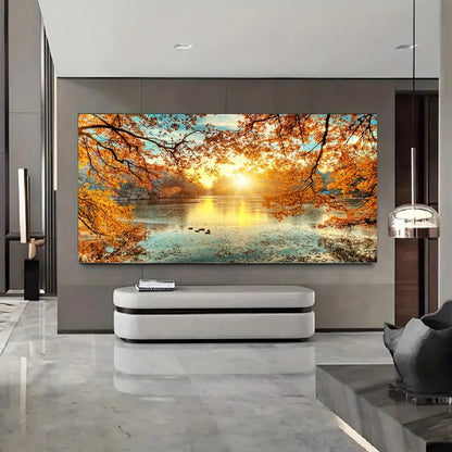 Yxbhhym-Landscape Tree Canvas Wall Art Fall Forest Sunset Wall Decor Poster Lake Water Pictures for