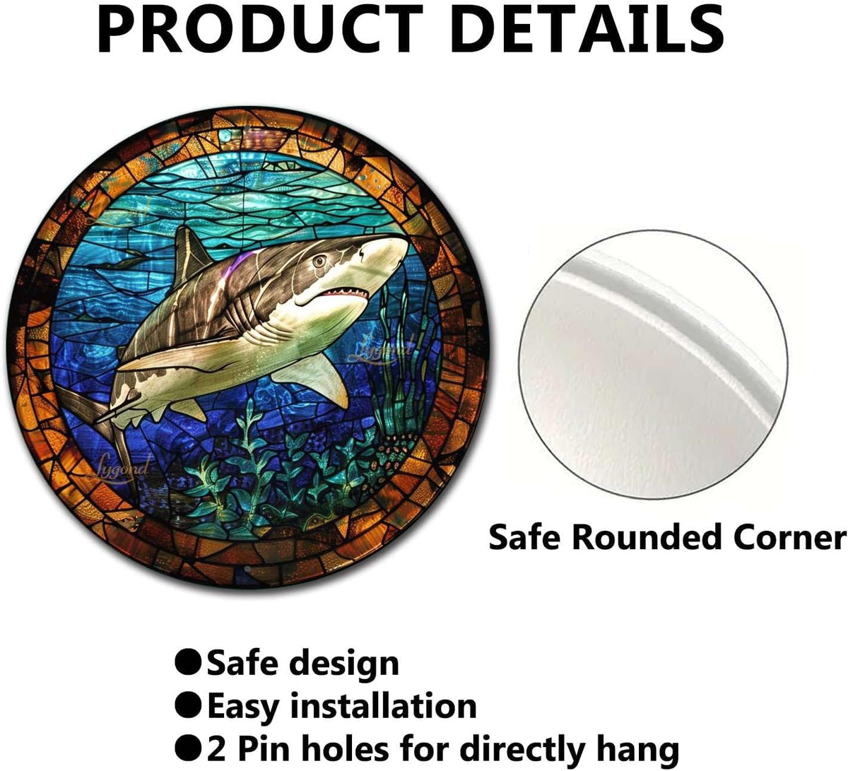Lygond Metal Sign Tin Sign Circular Stained Glass Shark Vintage Decor For Club 12×12 Inches