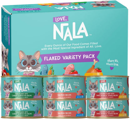 LOVE, NALA - Natural Adult Cat Wet Food - FLAKED Variety Pack - Salmon, Tuna, Chicken - Grain Free