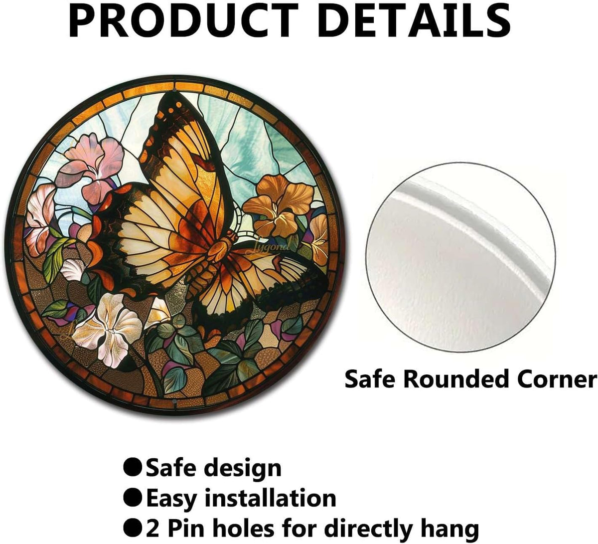 Lygond Metal Sign Tin Sign Circular Stained Glass Butterfly Inspirational Wall Art for Garage 12×12