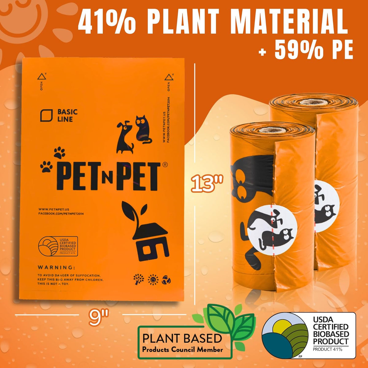Pet N Pet 1080 Counts Orange Poop Bags for Dogs, 41% Plant Based & 59% PE Extra Thick Dog Poop Bags