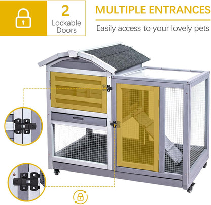 GEGURI Rabbit Hutch Indoor Rabbit Cage Outdoor, Wooden Bunny Cages for Guinea Pig with Wheels