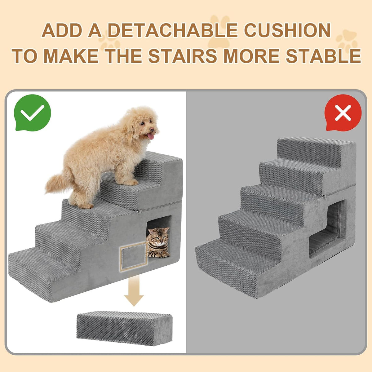 Dog Stairs for Small Dogs 23” H, 5-Step Dog Steps for High Bed, High-Density Foam Pet Stairs with