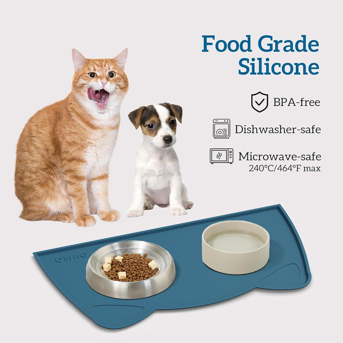 OHMO - Cat Food Mat, Silicone Pet Feeding Mat for Floor Non-Skid Waterproof Dog Water Bowl Tray