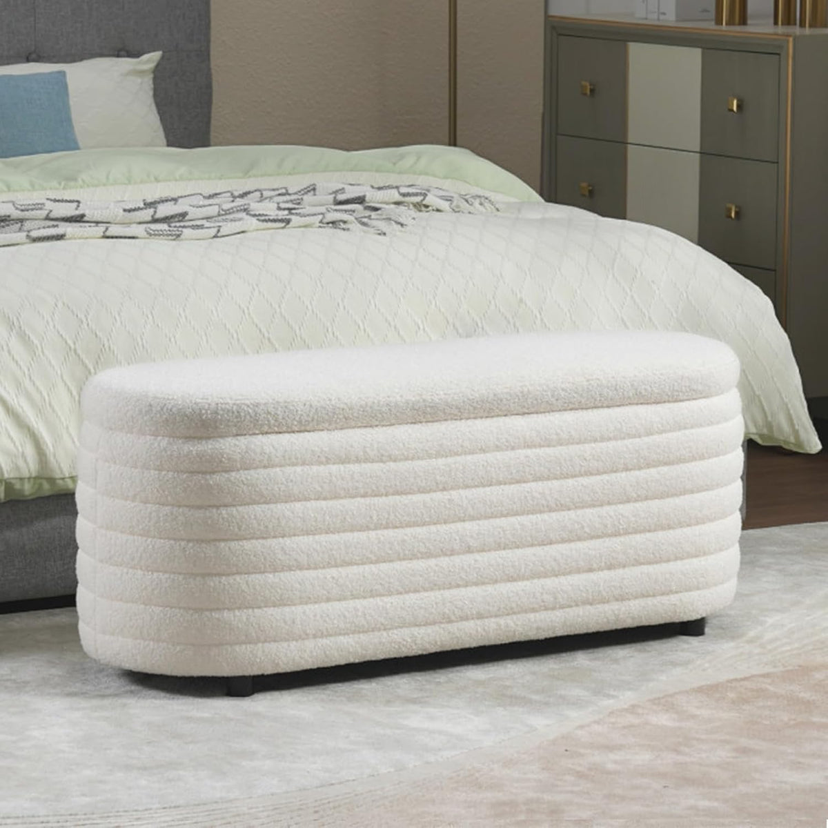 Storage Teddy Ottoman Bench Upholstered Fabric Storage Bench End of Bed Stool with Safety Hinge for