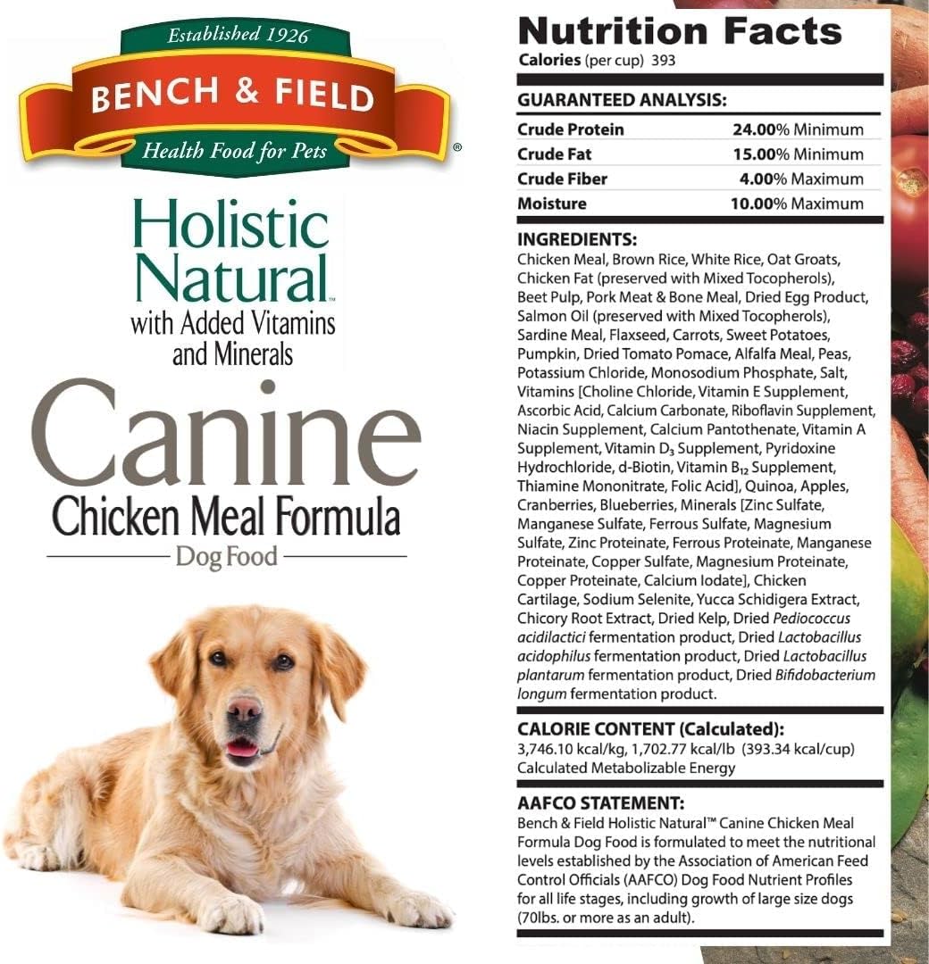 Bench & Field Holistic Natural Adult Dry Dog Food, Chicken Meal and Brown Rice Recipe 12 lb Bag