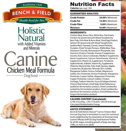 Bench & Field Holistic Natural Adult Dry Dog Food, Chicken Meal and Brown Rice Recipe 12 lb Bag