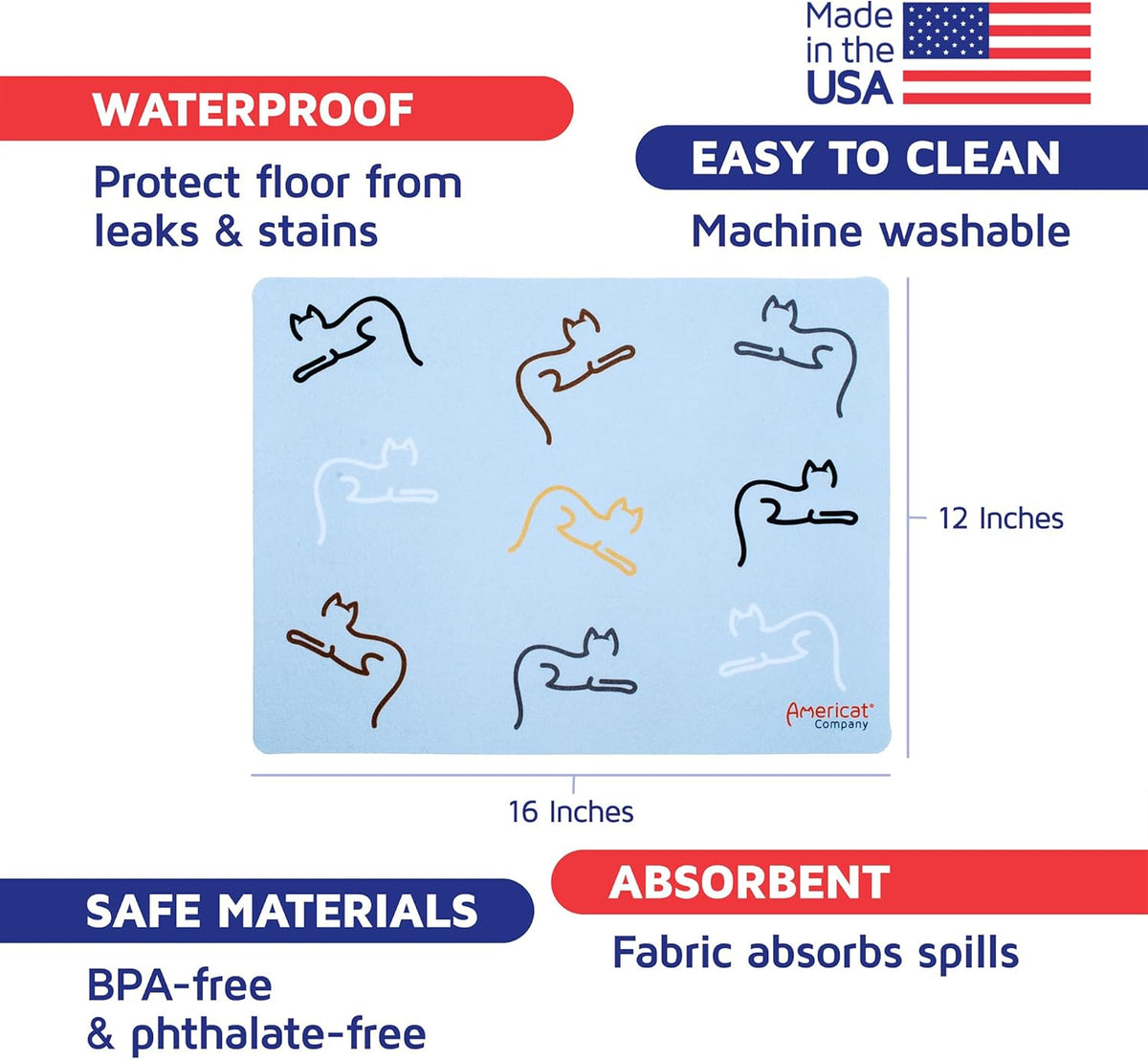 Cat Feeding Mat by Americat for Cat Food & Water Bowls – Machine Washable, Waterproof, No-Slip &