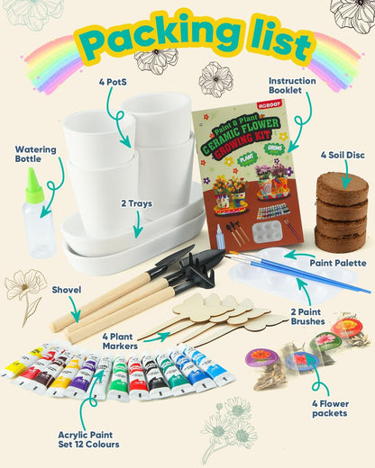 RGBDOT Kids Gardening Set Paint and Plant Stoneware Flower Gardening Kit with 4 Pots Arts and