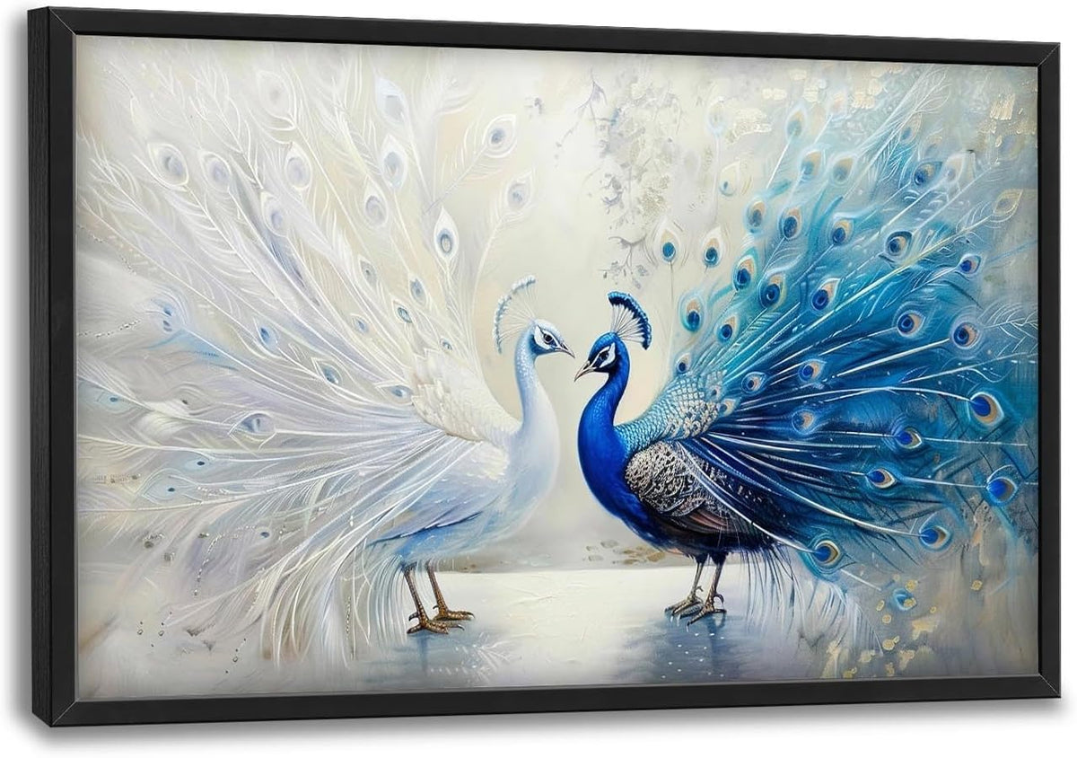 Quorin Peacock Large Wall Art Blue and White Pictures Elegant Animal Wall Decor Canvas Print