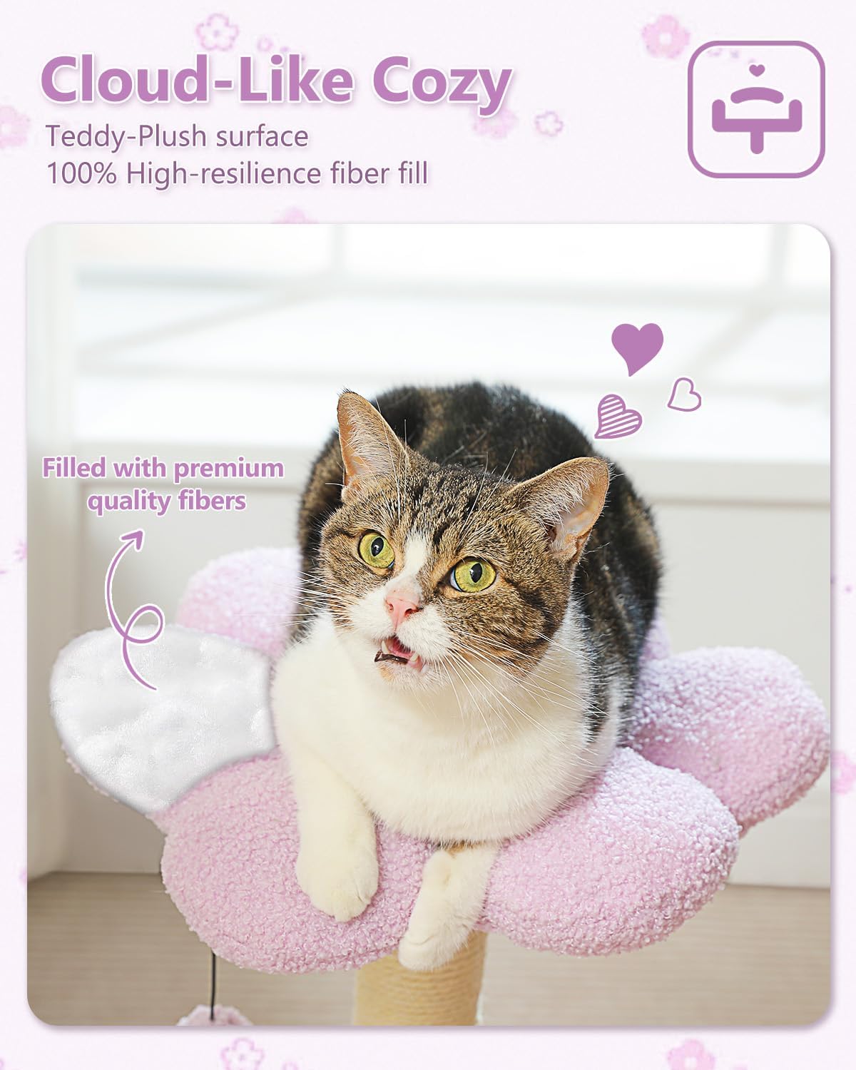 Flower Cat Scratching Post, 28" Cute Cat Tree Tower for Indoor Cats with Large Hammock Soft Perch