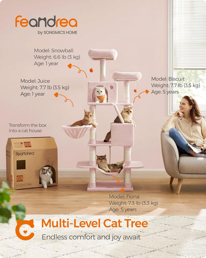 Feandrea Cat Tree, 66.1-Inch Large Cat Tower with 13 Scratching Posts, 2 Perches, 2 Caves, Basket