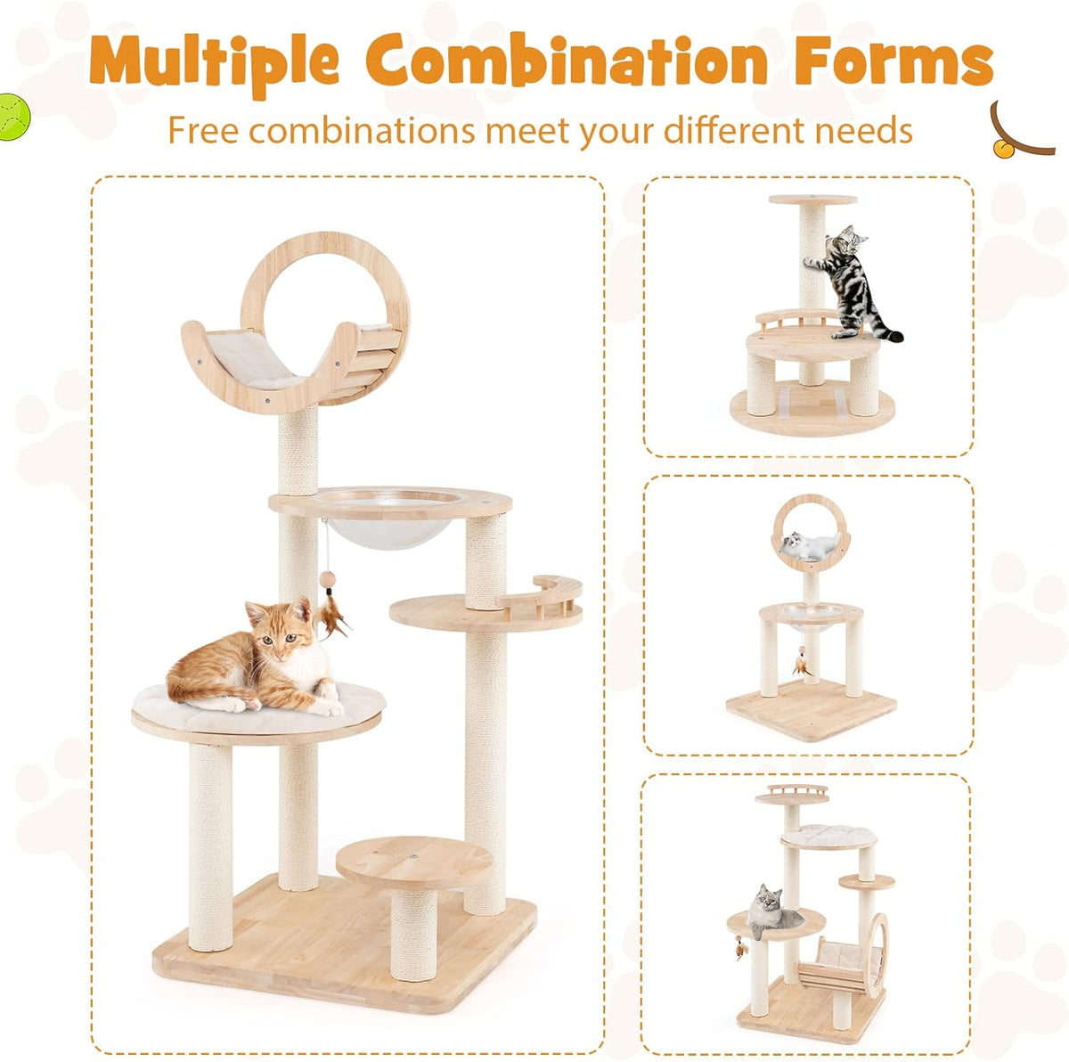 Tangkula Solid Wood Cat Tree, 4-in-1 Building Block Large Cat Tower with Space Capsule Nest