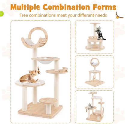Tangkula Solid Wood Cat Tree, 4-in-1 Building Block Large Cat Tower with Space Capsule Nest