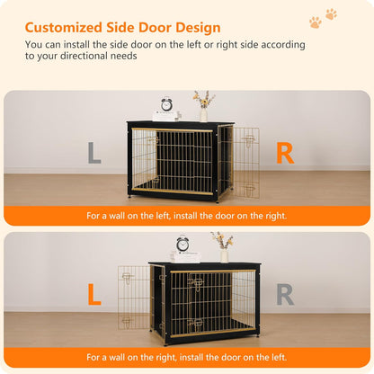 DWANTON Dog Crate Furniture with Cushion, Wooden Kennel Table with Double Doors, Indoor Dog House